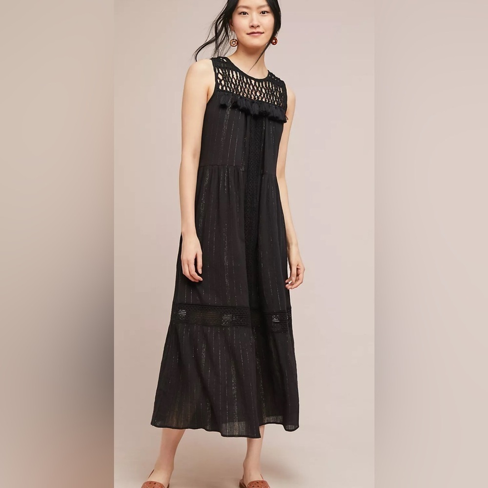 Maeve | Abilene tiered ruffle maxi dress Crochet top gold stripe Women’s size XS - Picture 12 of 12